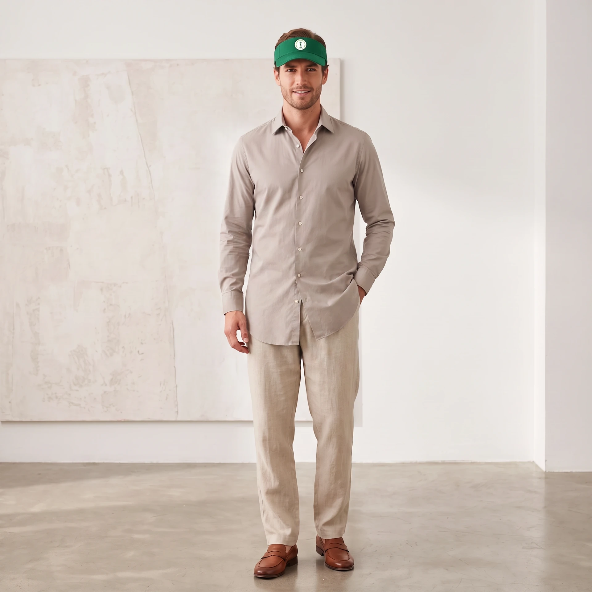 Model wearing the green Lighthouse volunteer visor
