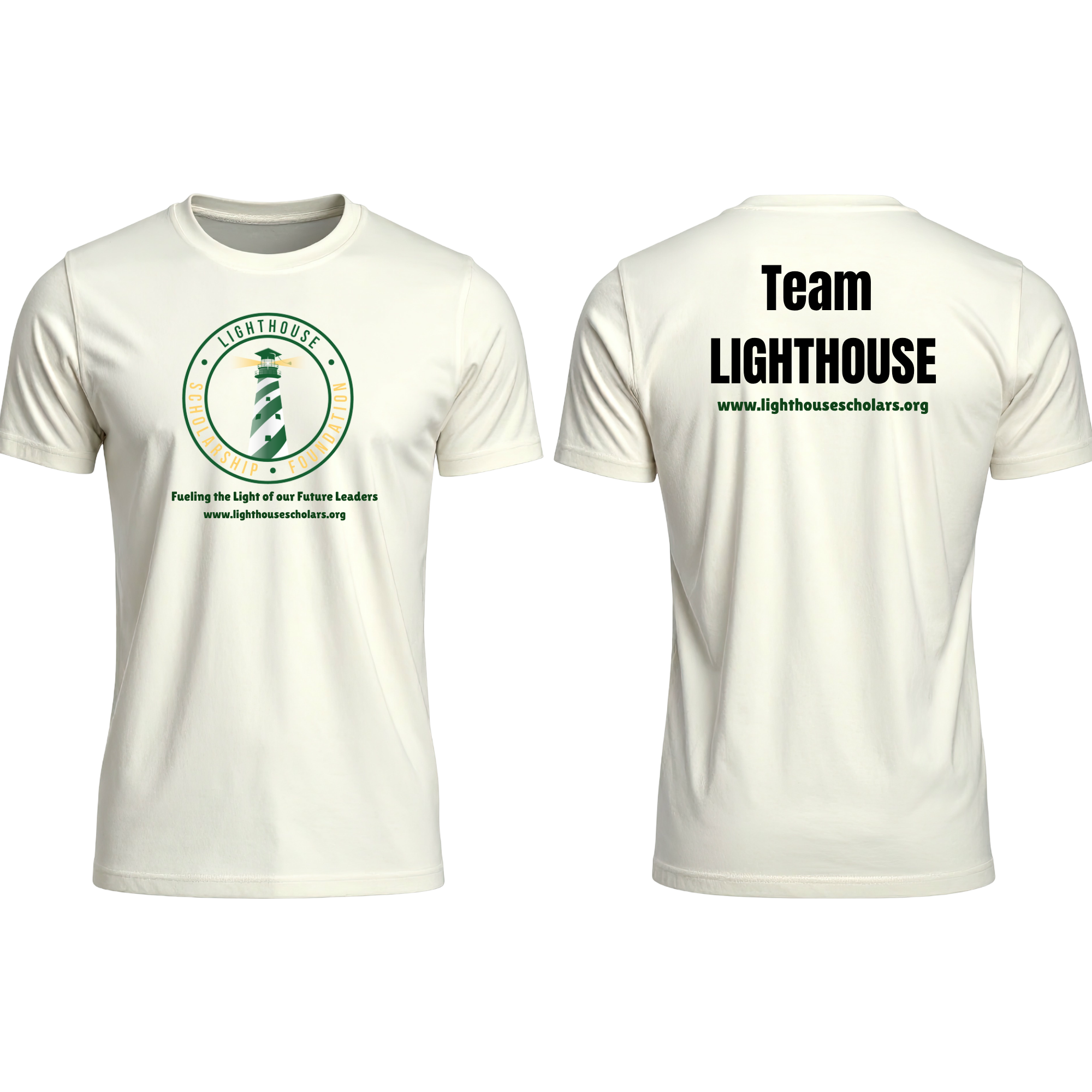 Front and back of the cream Lighthouse volunteer T-shirt