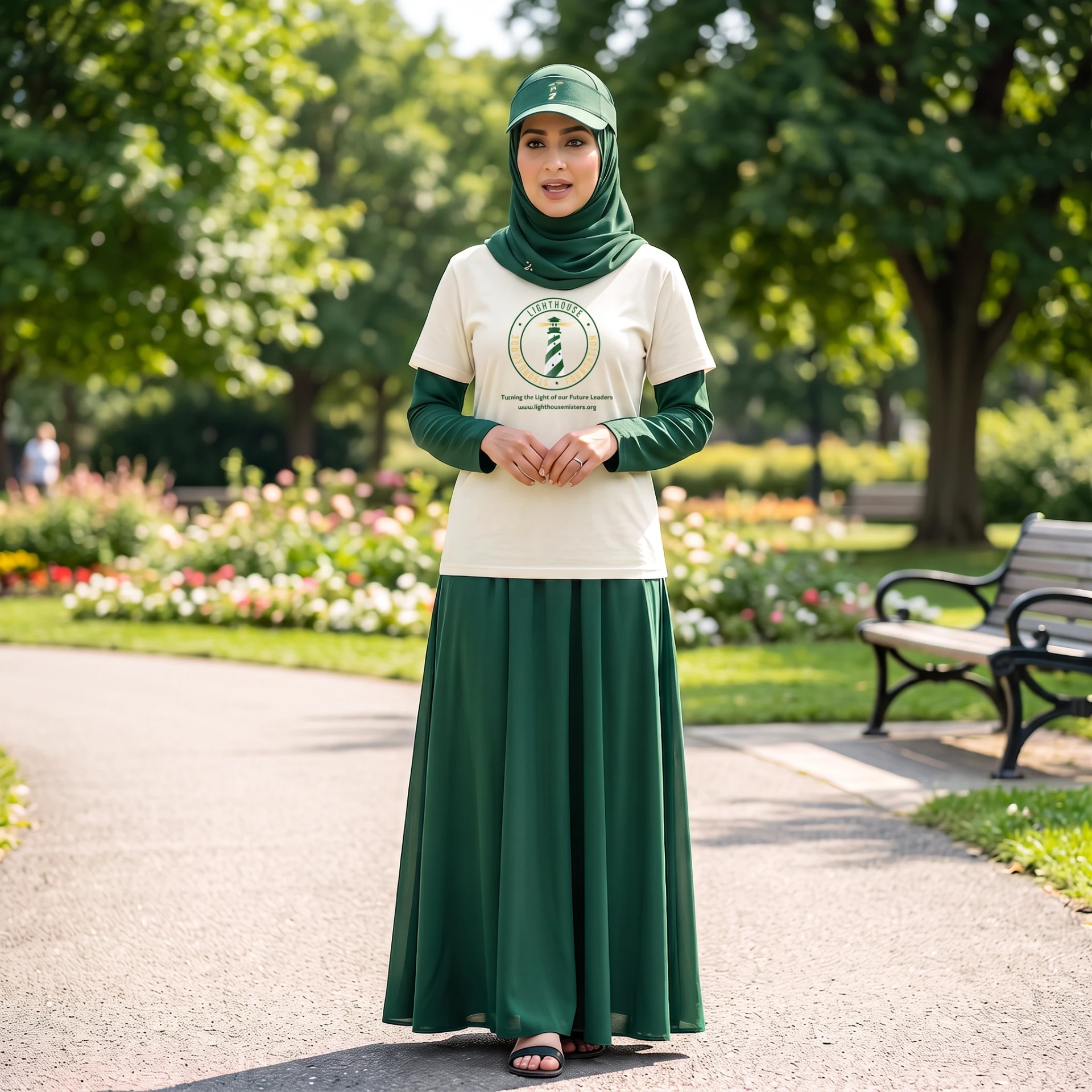 Volunteer wearing the Lighthouse volunteer T-shirt and green visor